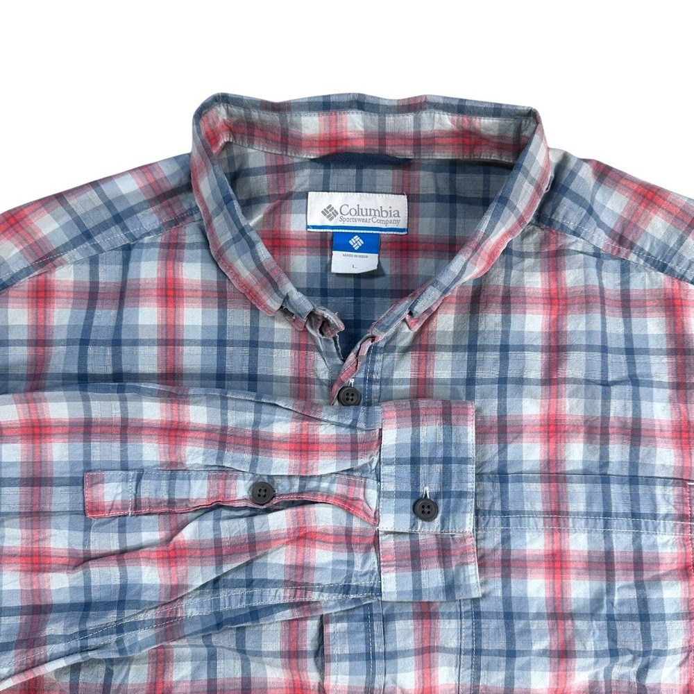 Columbia Shirt Mens L Blue Red Plaid Button Up Long Sleeve Outdoor Casual